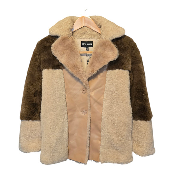 Steve Madden Coat Womens XS Willow Sherpa Faux Fur Color Block Mixed Media Warm - Picture 1 of 12